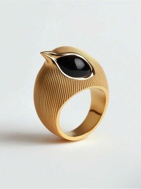 Rare and unique Gold-Tone Statement Ring with Black Cabochon stainless steel